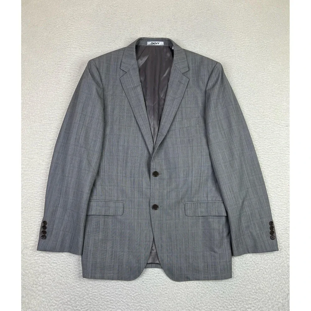 DKNY Blazer Mens 40R Gray Plaid 100% Wool Two‎ Button Suit Jacket Double Vent